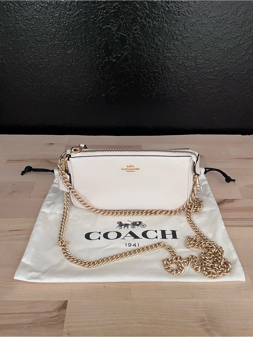 Coach Cream Pebble Leather Crossbody with Gold Chain